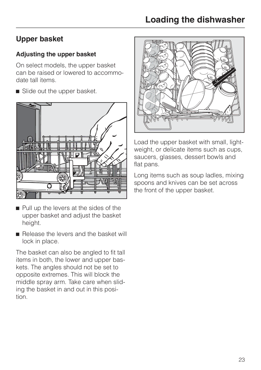 Miele G 856 SC ELITE manual Upper basket, Adjusting the upper basket, Slide out the upper basket 