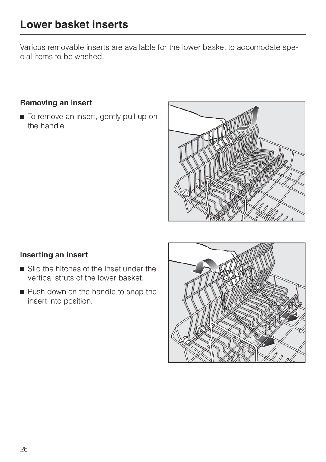 Miele G 856 SC ELITE manual Lower basket inserts, Removing an insert, Inserting an insert 