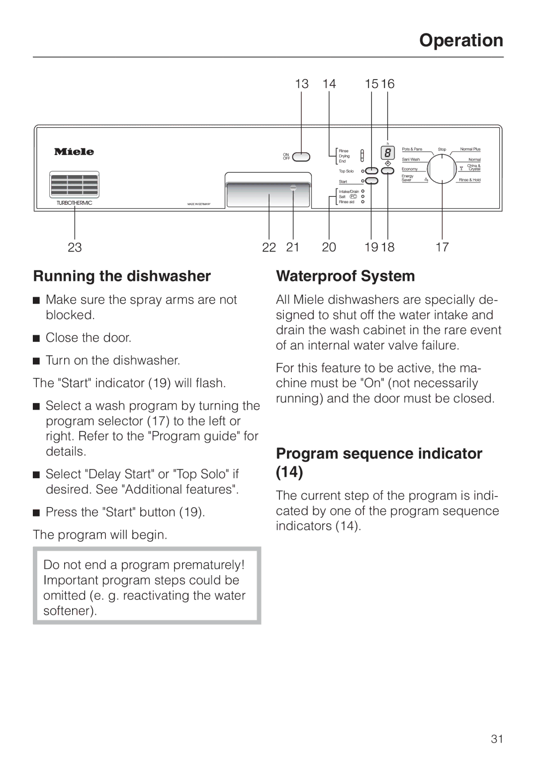 Miele G 856 SC ELITE manual Running the dishwasher, Waterproof System, Program sequence indicator 