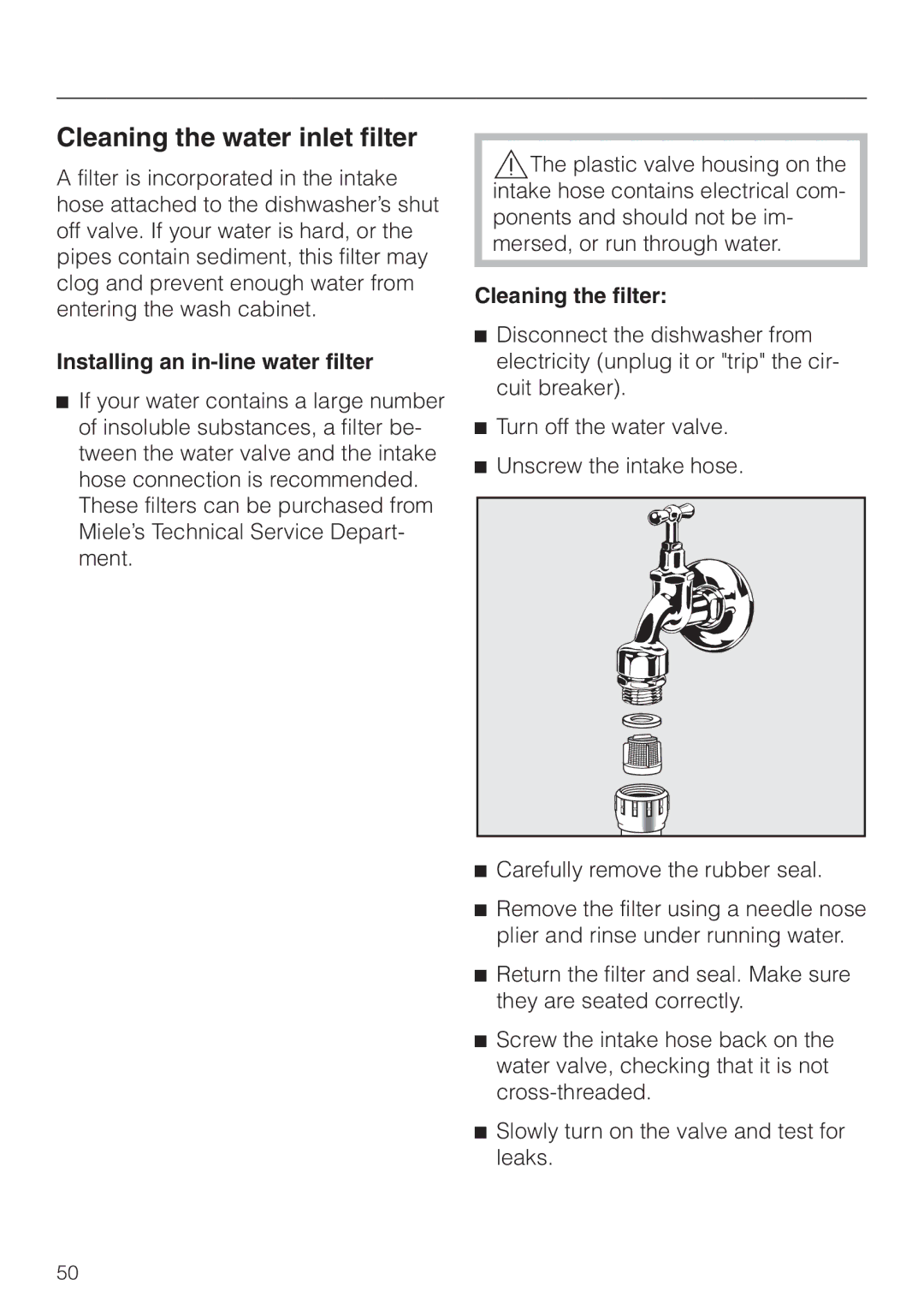 Miele G 856 SC ELITE manual Cleaning the water inlet filter, Installing an in-line water filter, Cleaning the filter 