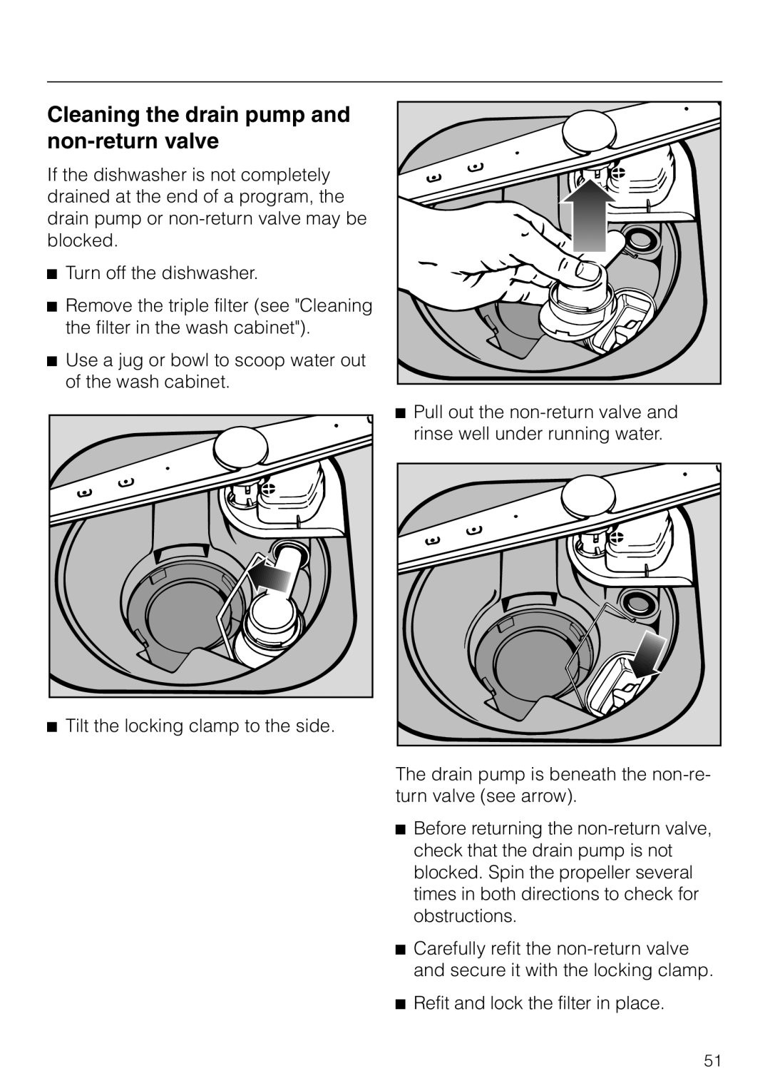 Miele G 856 SC ELITE manual Cleaning the drain pump and non-return valve 