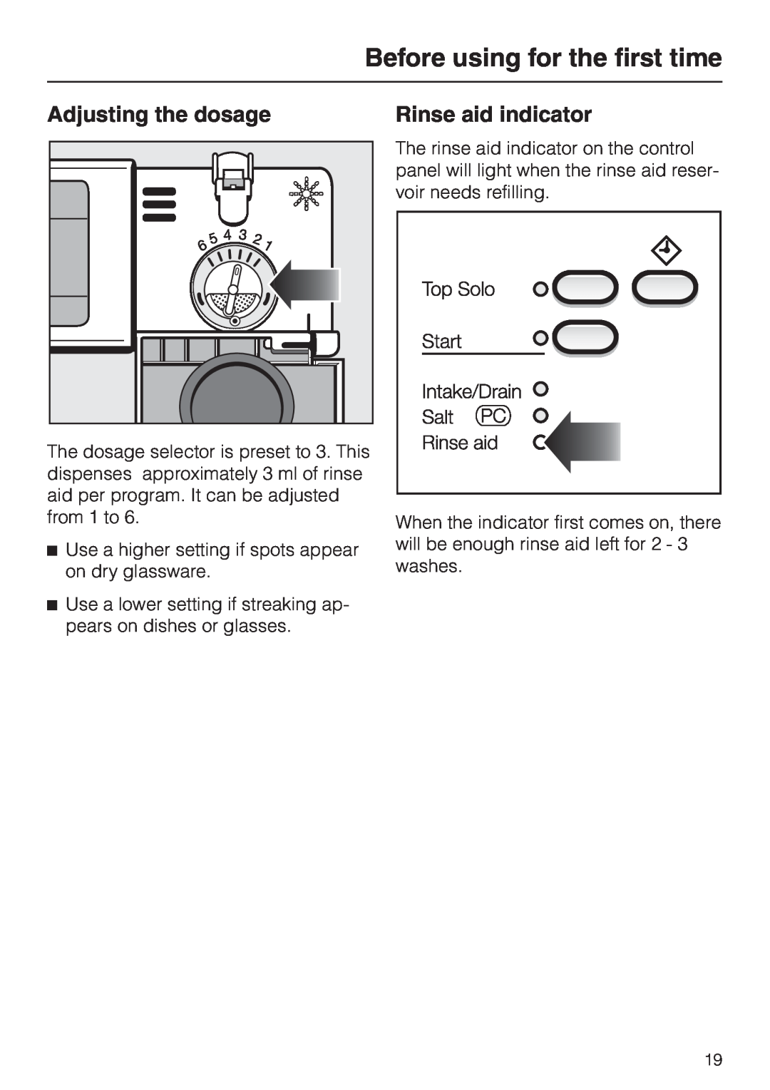 Miele G 856 SC ELITE operating instructions Adjusting the dosage, Rinse aid indicator, Before using for the first time 