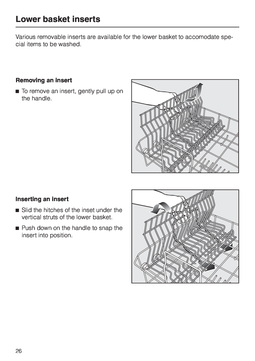 Miele G 856 SC ELITE operating instructions Lower basket inserts, Removing an insert, Inserting an insert 