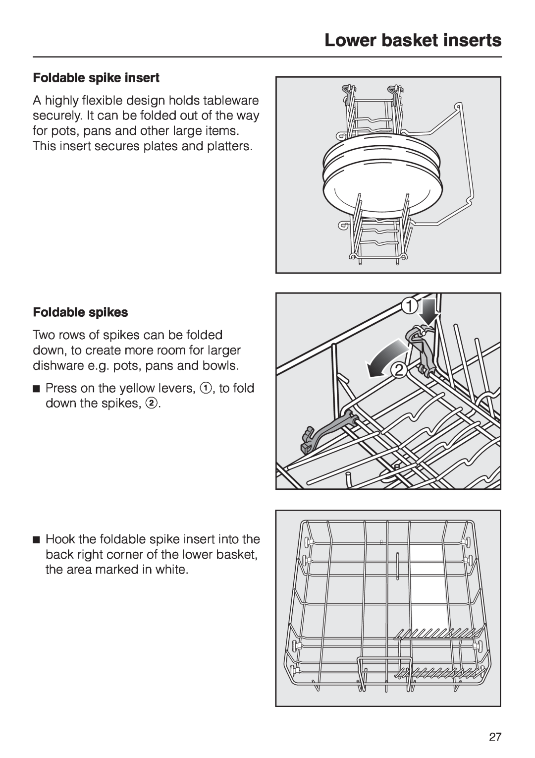Miele G 856 SC ELITE operating instructions Lower basket inserts, Foldable spike insert, Foldable spikes 