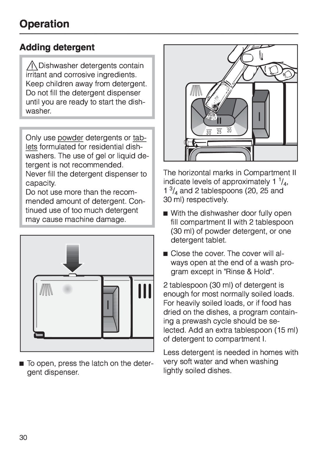 Miele G 856 SC ELITE operating instructions Operation, Adding detergent 