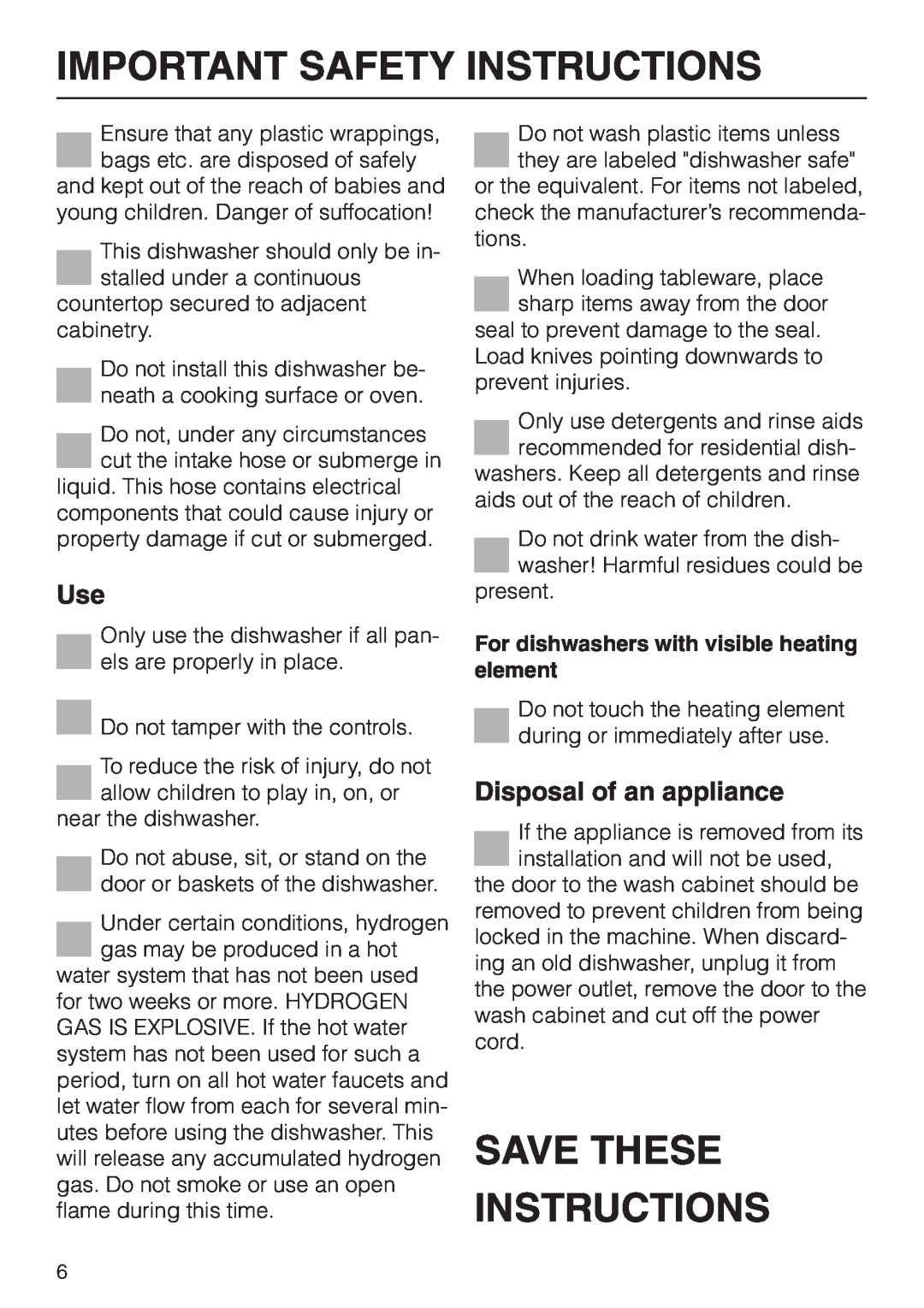 Miele G 856 SC ELITE Save These Instructions, Disposal of an appliance, Important Safety Instructions 