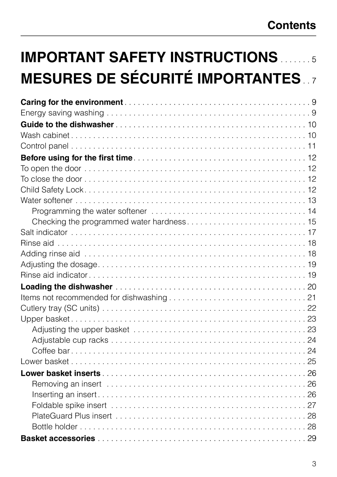 Miele G 856 SC ELITE manual Important Safety Instructions, Mesures De Sécurité Importantes, Contents 