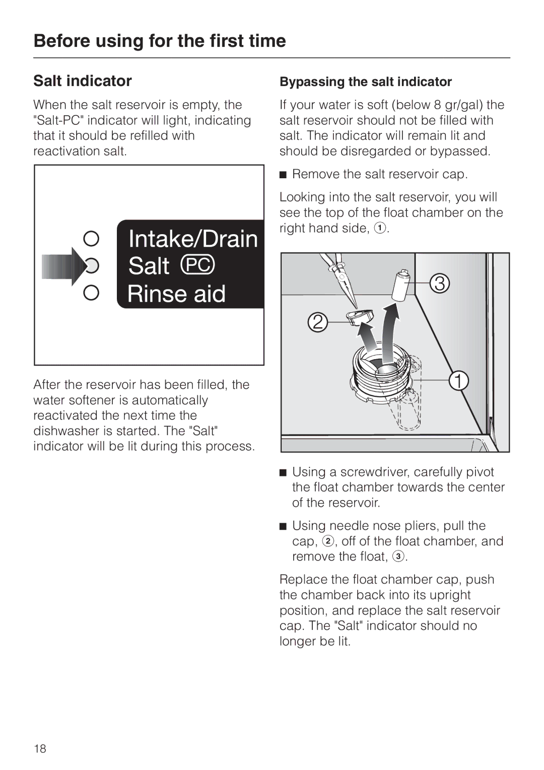 Miele G 858 SCVI, G 658 SCVI operating instructions Salt indicator, Bypassing the salt indicator 