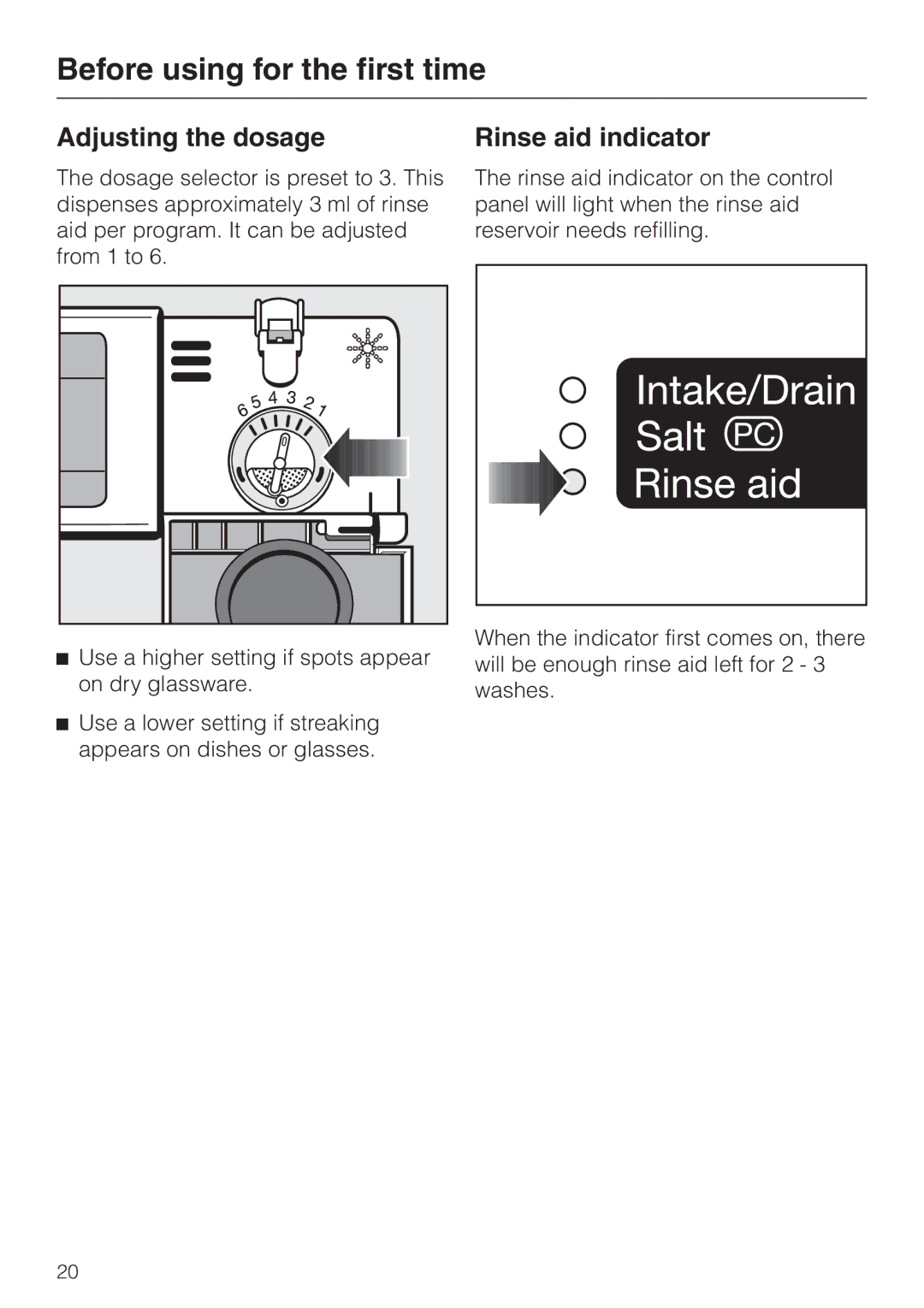 Miele G 858 SCVI, G 658 SCVI operating instructions Adjusting the dosage, Rinse aid indicator 