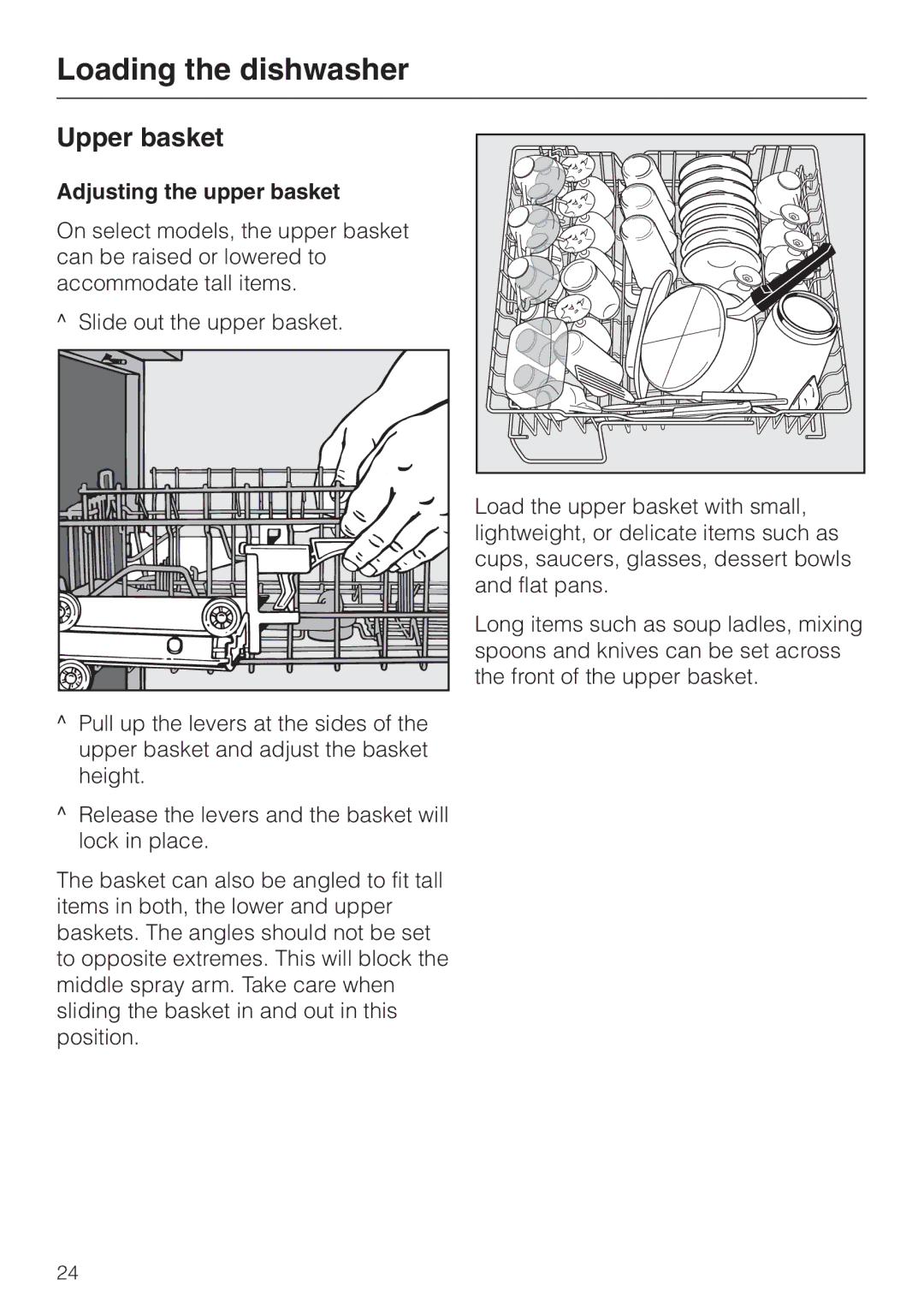 Miele G 858 SCVI, G 658 SCVI operating instructions Upper basket, Adjusting the upper basket, Slide out the upper basket 