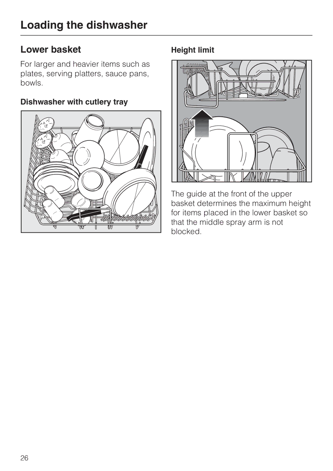 Miele G 858 SCVI, G 658 SCVI operating instructions Lower basket, Dishwasher with cutlery tray Height limit 