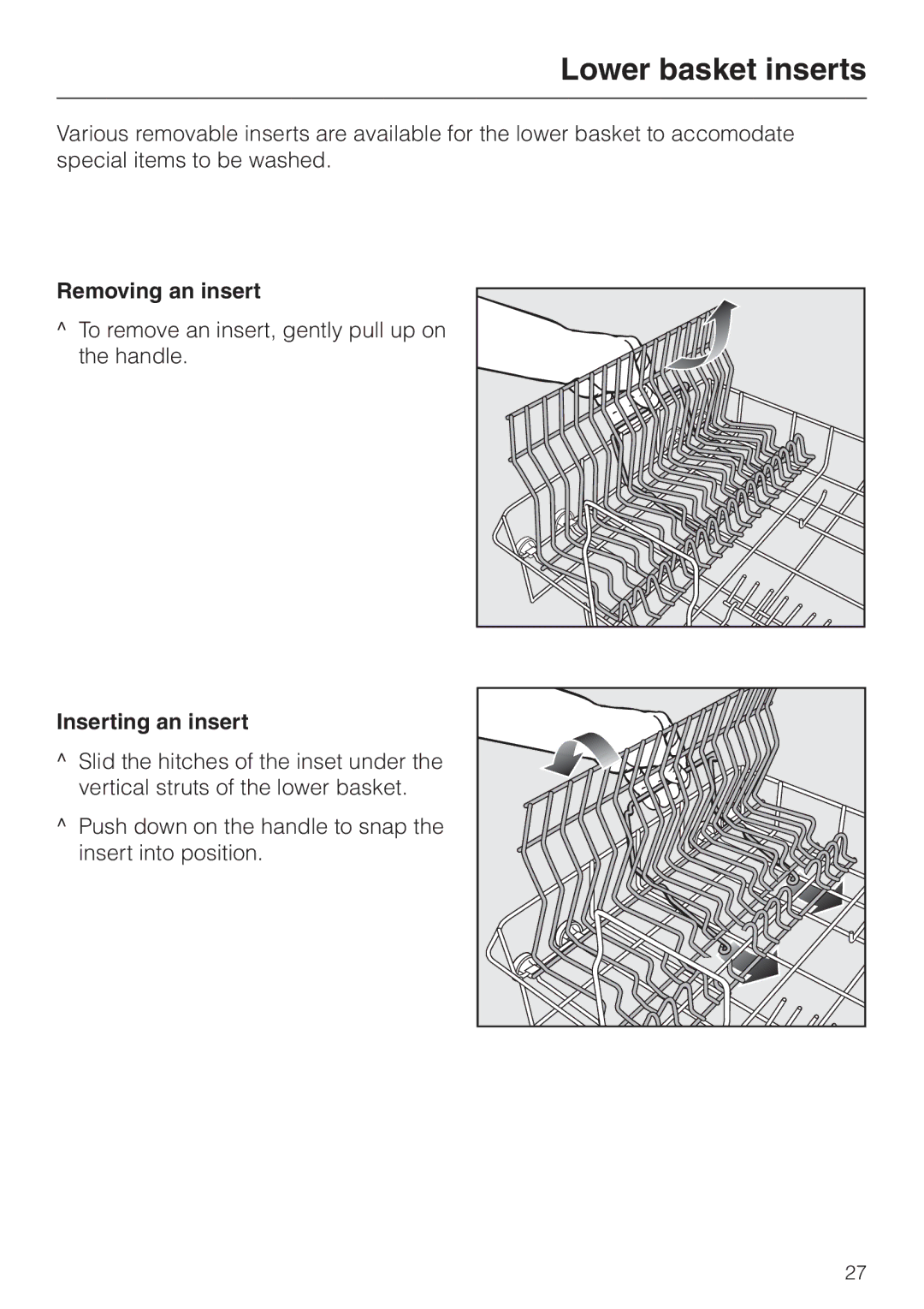 Miele G 658 SCVI, G 858 SCVI operating instructions Lower basket inserts, Removing an insert, Inserting an insert 