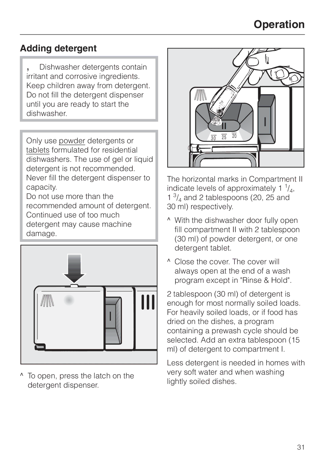 Miele G 658 SCVI, G 858 SCVI operating instructions Operation, Adding detergent 