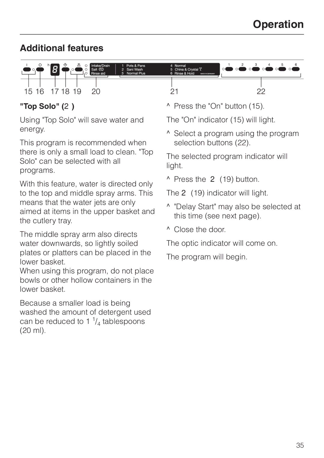 Miele G 658 SCVI, G 858 SCVI operating instructions Additional features, Top Solo 