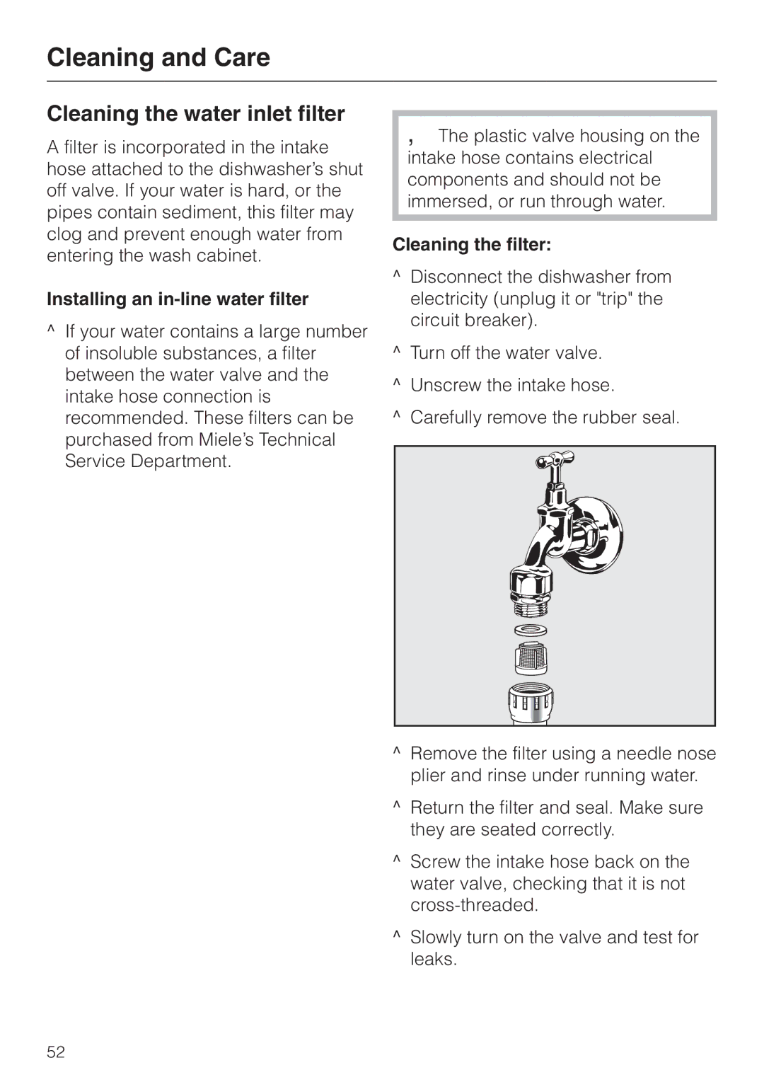 Miele G 858 SCVI, G 658 SCVI Cleaning the water inlet filter, Installing an in-line water filter, Cleaning the filter 