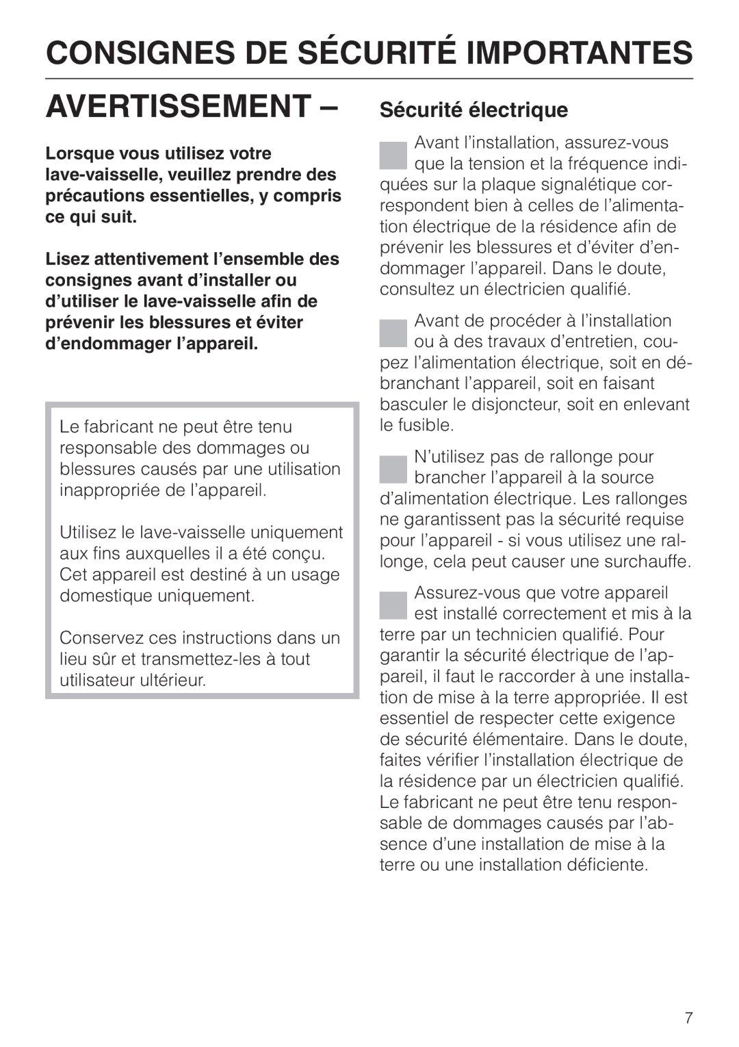 Miele G 658 SCVI, G 858 SCVI operating instructions Consignes DE Sécurité Importantes Avertissement, Sécurité électrique 