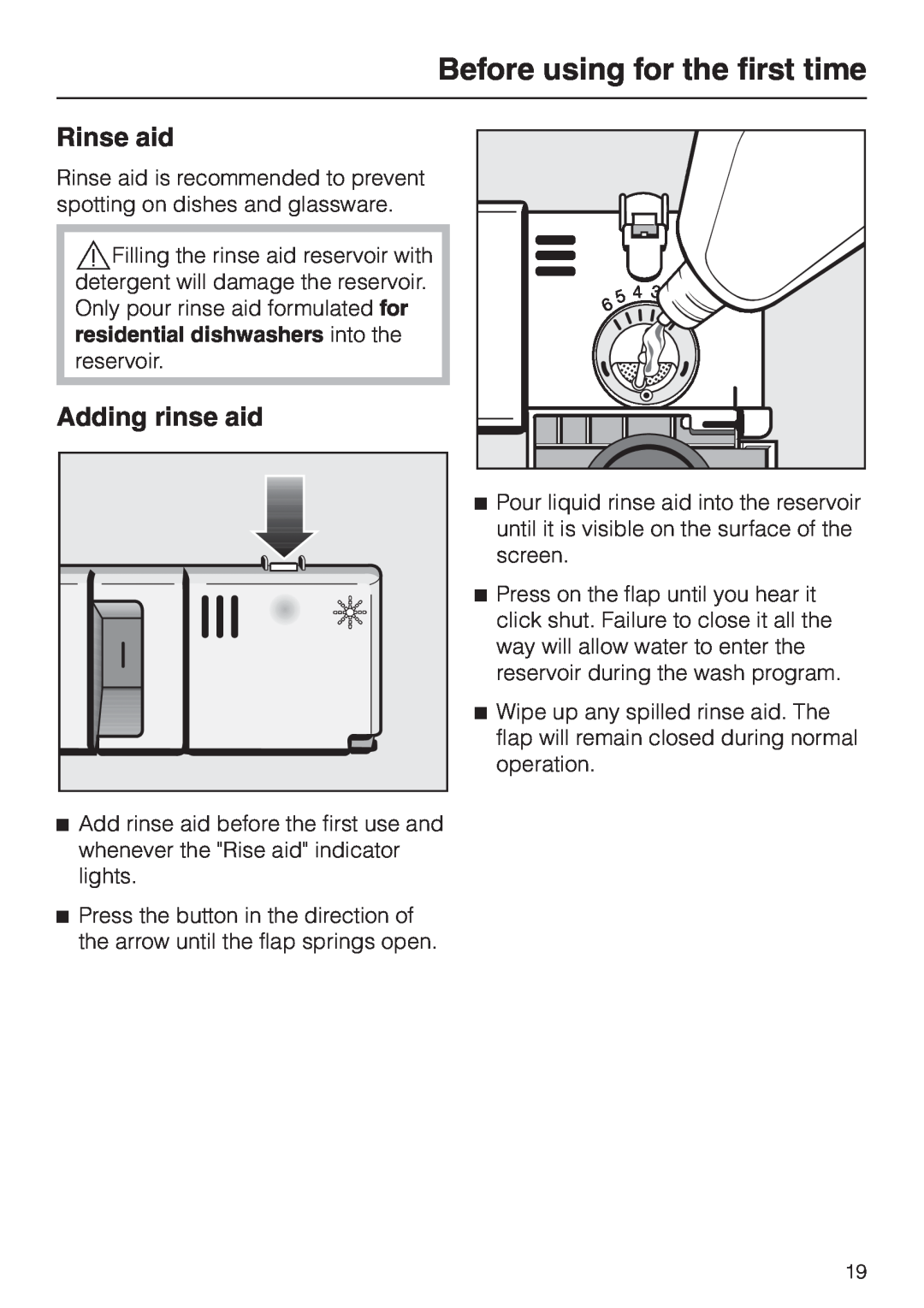 Miele G 658 SCVI, G 858 SCVI operating instructions Rinse aid, Adding rinse aid, Before using for the first time 