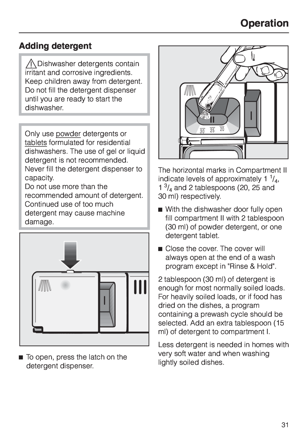 Miele G 658 SCVI, G 858 SCVI operating instructions Adding detergent, Operation 