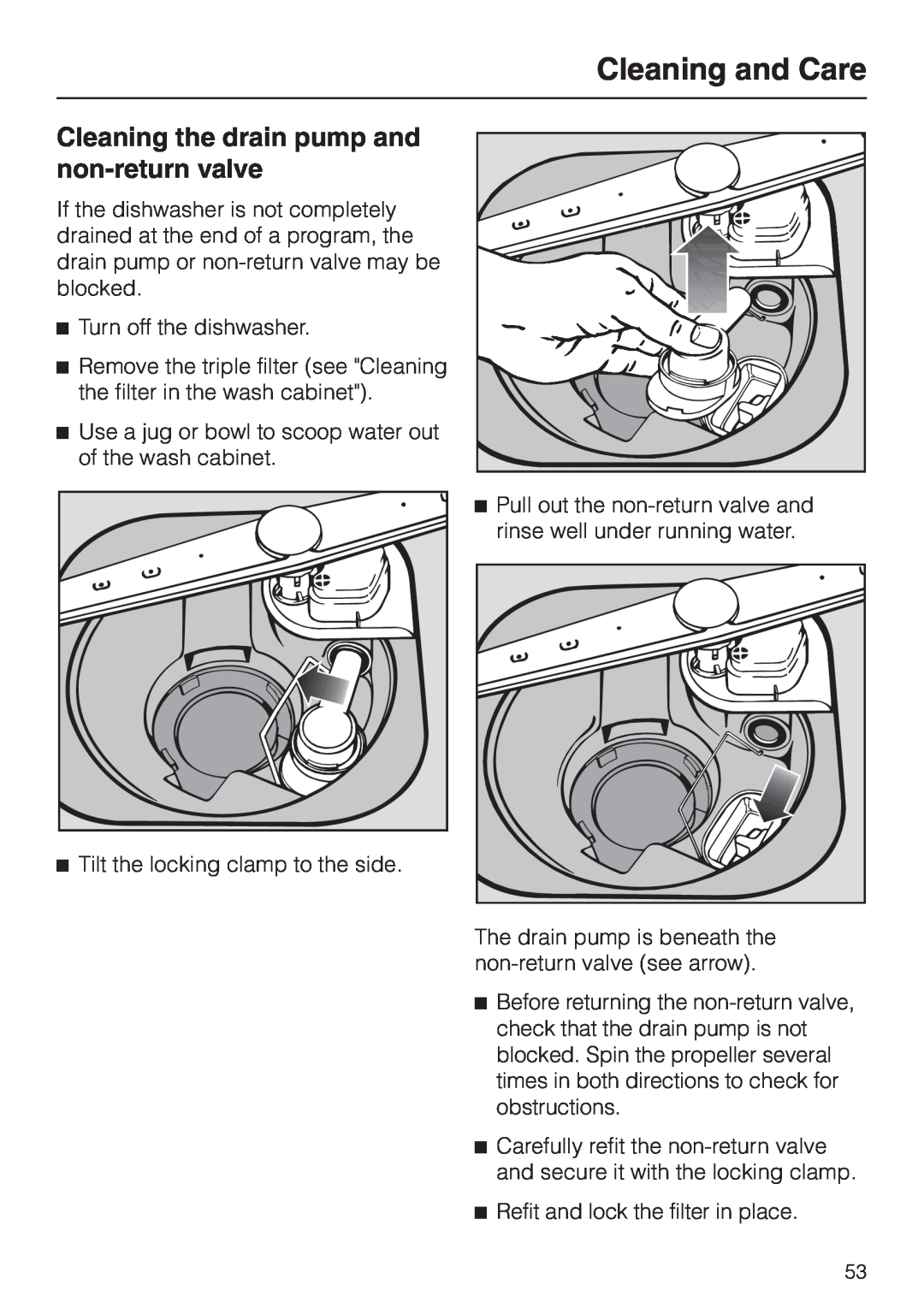 Miele G 658 SCVI, G 858 SCVI operating instructions Cleaning the drain pump and non-returnvalve, Cleaning and Care 