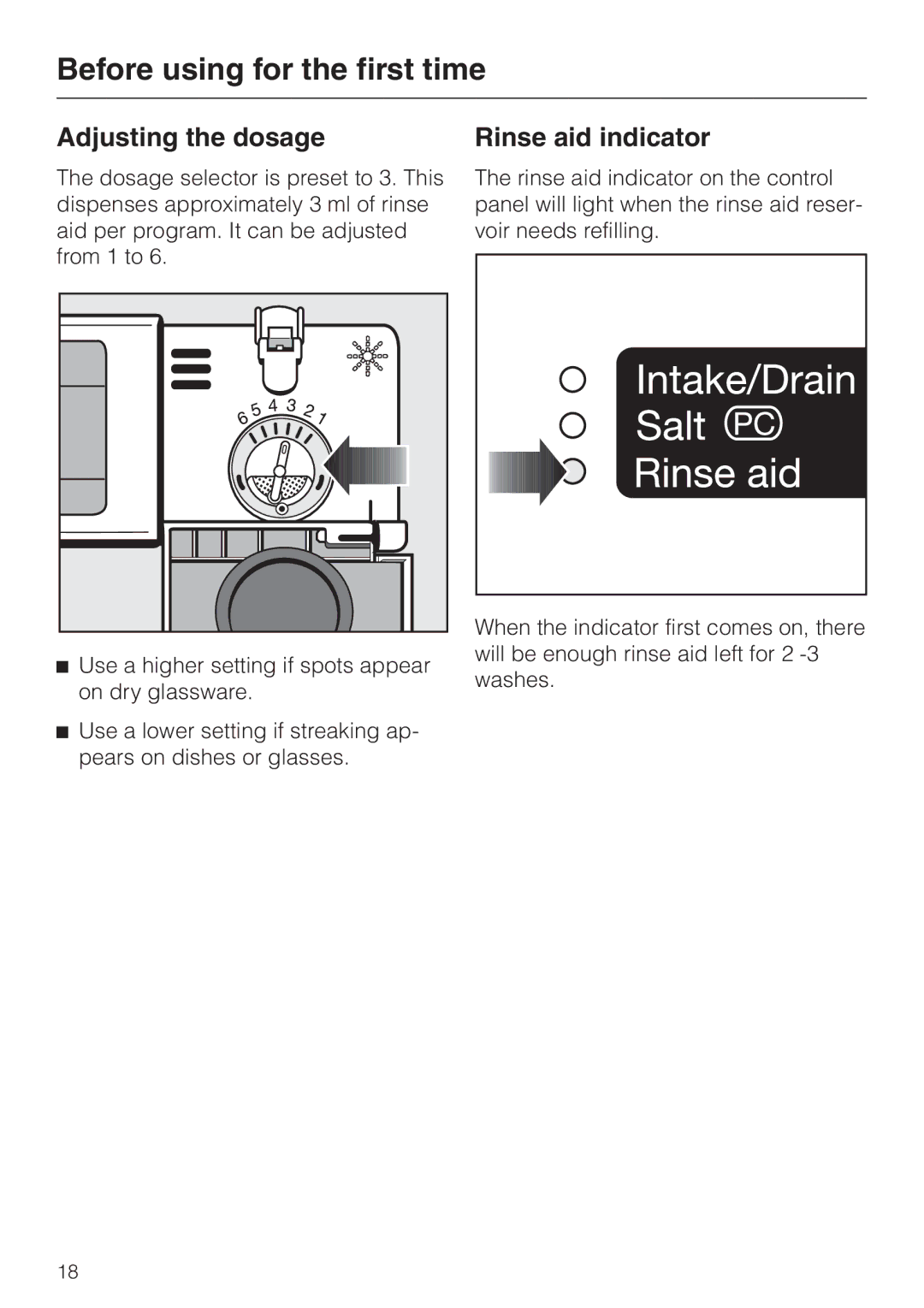 Miele G 863 PLUS, G 663 PLUS operating instructions Adjusting the dosage, Rinse aid indicator 