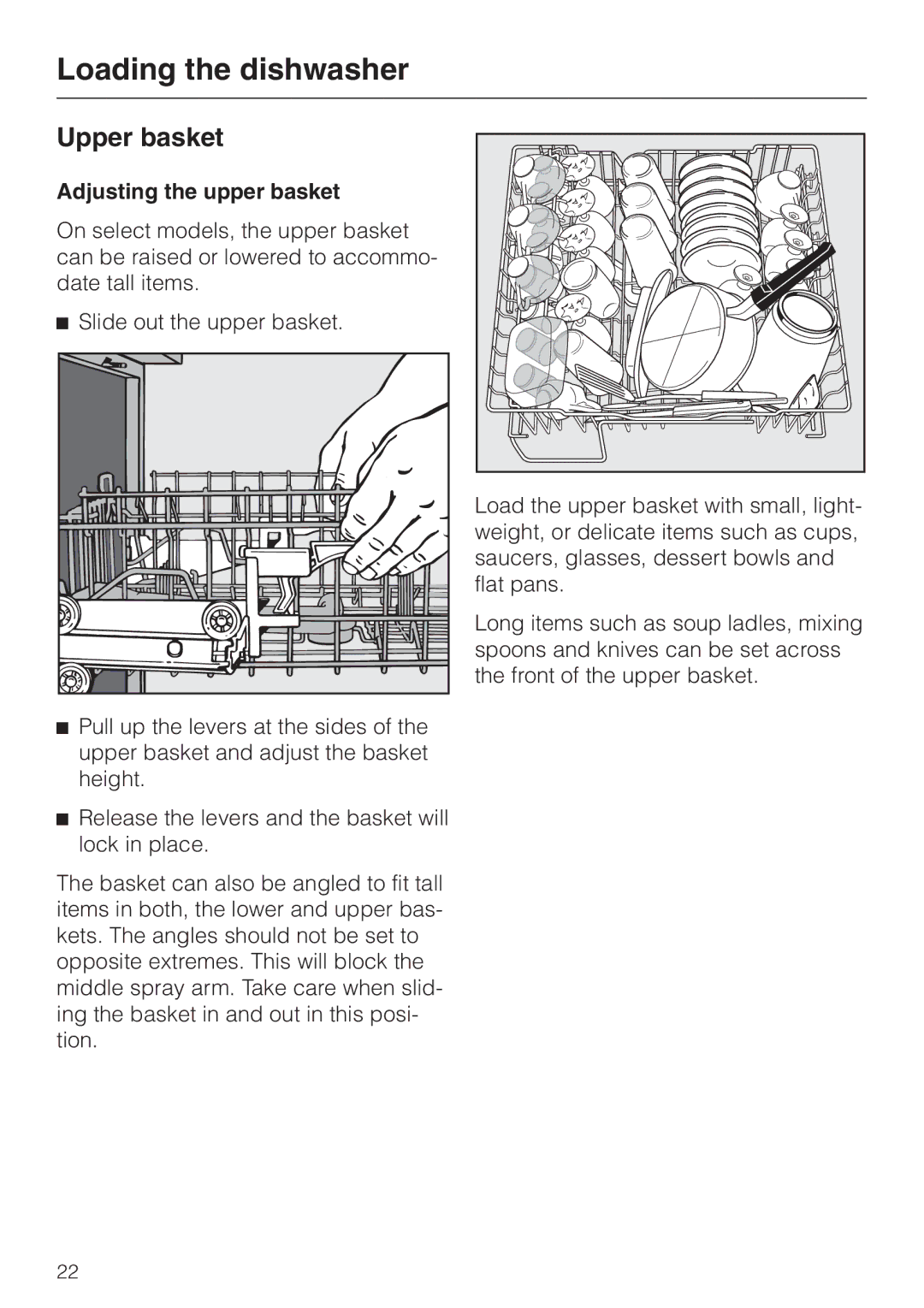 Miele G 863 PLUS, G 663 PLUS operating instructions Upper basket, Adjusting the upper basket, Slide out the upper basket 