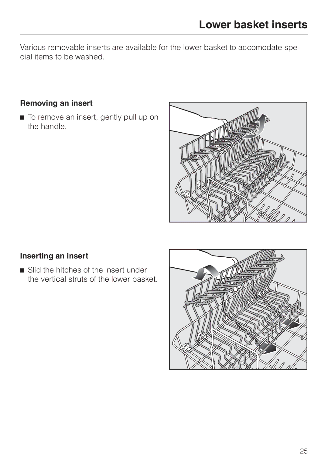 Miele G 663 PLUS, G 863 PLUS operating instructions Lower basket inserts, Removing an insert, Inserting an insert 