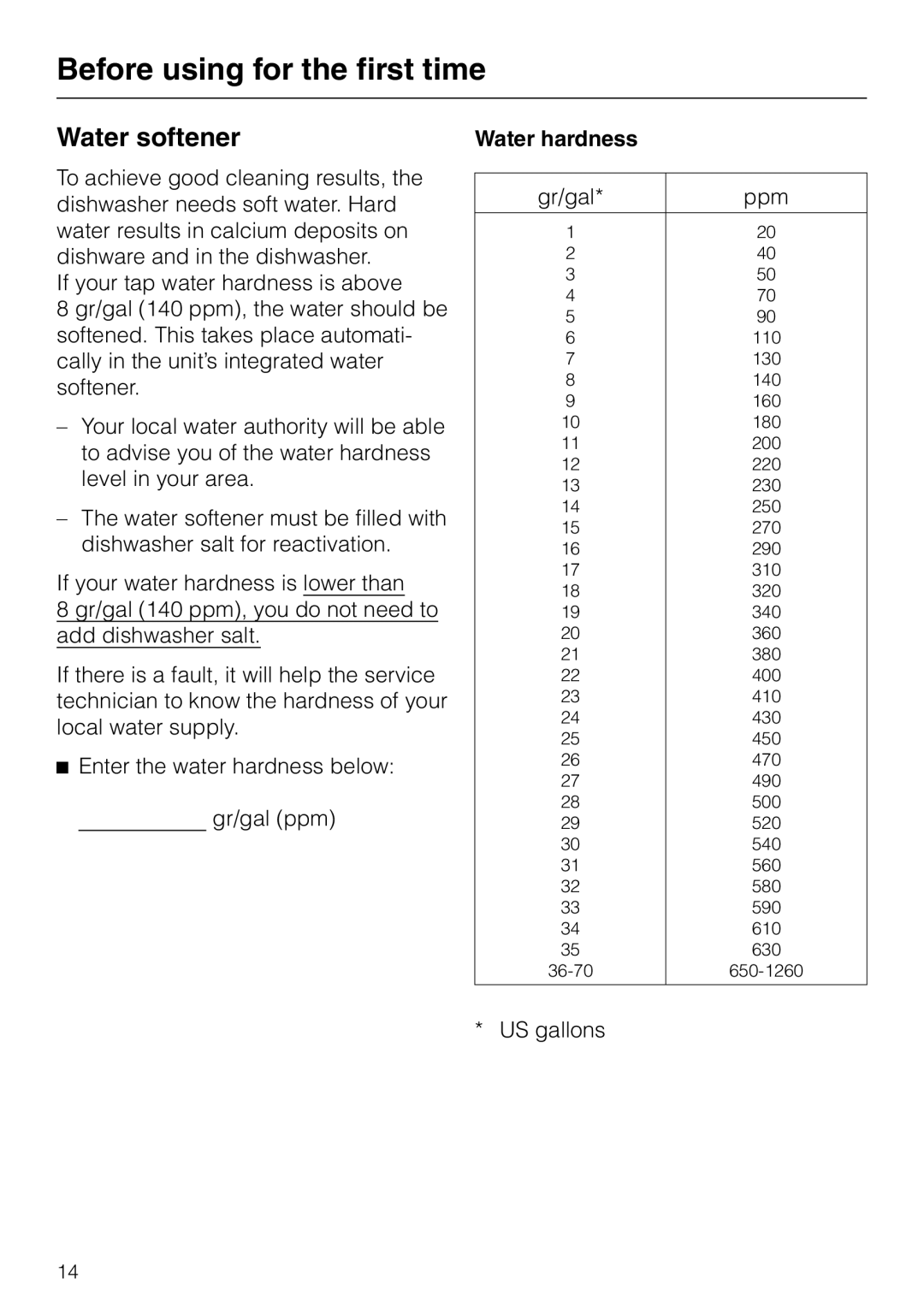 Miele G 863 PLUS, G 663 PLUS operating instructions Water softener, Before using for the first time, Water hardness 
