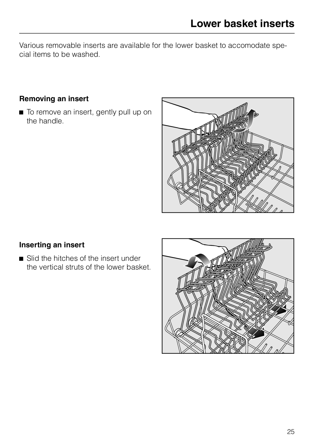 Miele G 663 PLUS, G 863 PLUS operating instructions Lower basket inserts, Removing an insert, Inserting an insert 