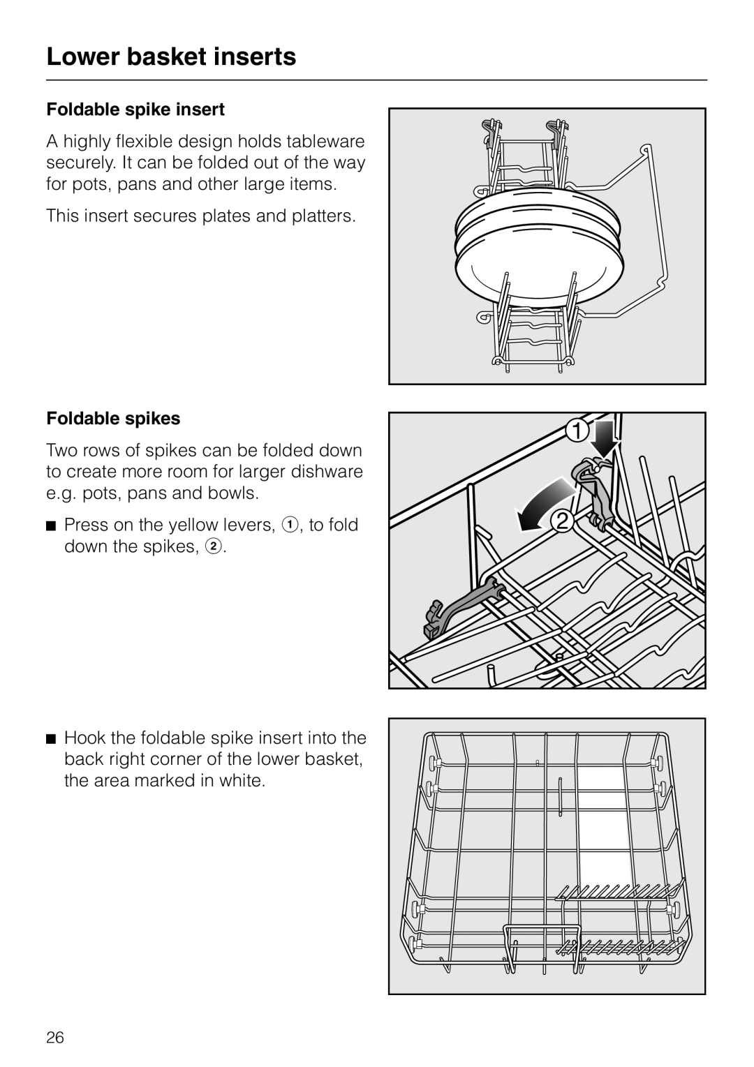 Miele G 863 PLUS, G 663 PLUS operating instructions Lower basket inserts, Foldable spike insert, Foldable spikes 