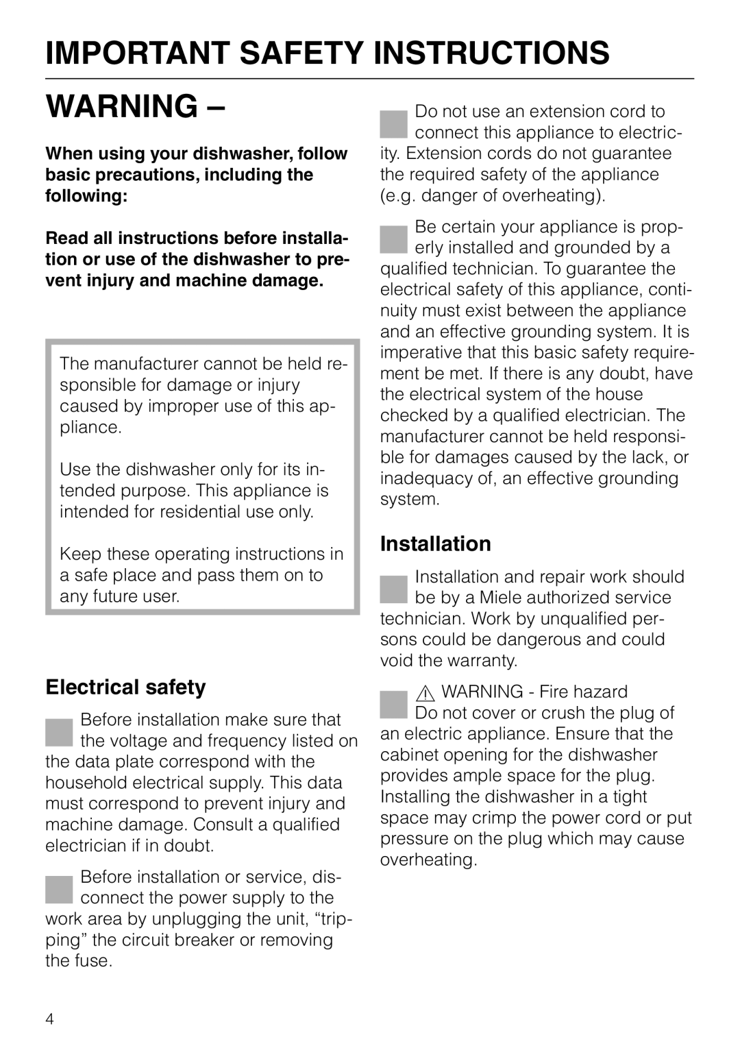 Miele G 863 PLUS, G 663 PLUS operating instructions Important Safety Instructions, Electrical safety, Installation 