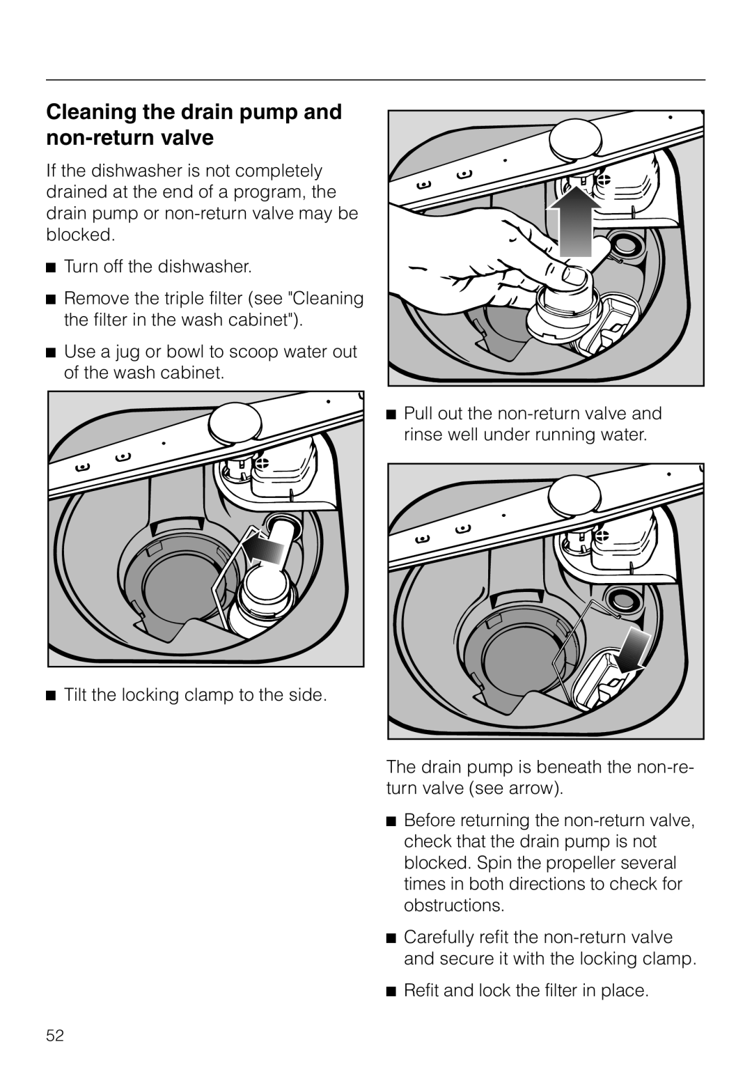 Miele G 863 PLUS, G 663 PLUS operating instructions Cleaning the drain pump and non-returnvalve 