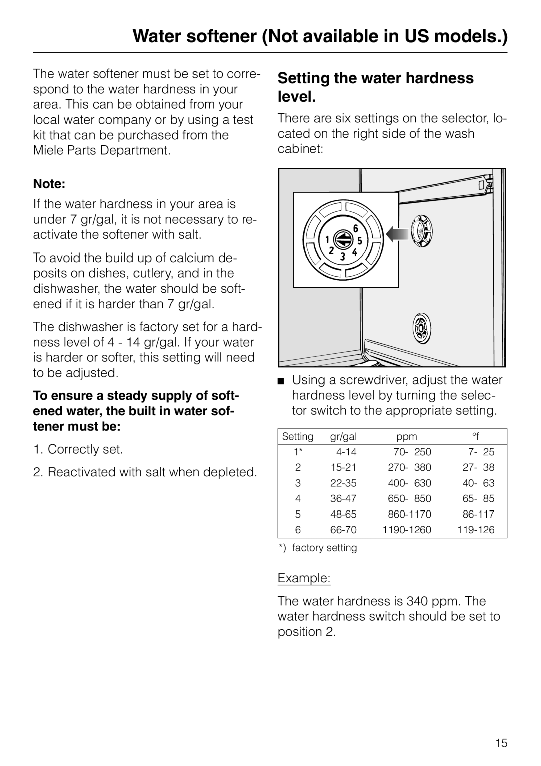 Miele G 865 operating instructions Water softener Not available in US models, Setting the water hardness level 