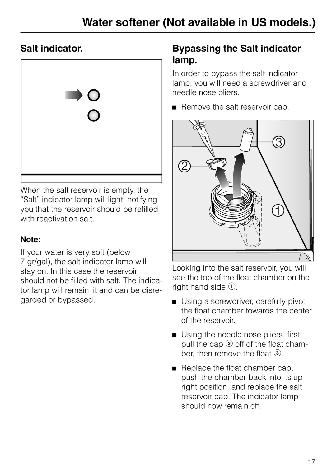 Miele G 865 operating instructions Salt indicator Bypassing the Salt indicator Lamp 