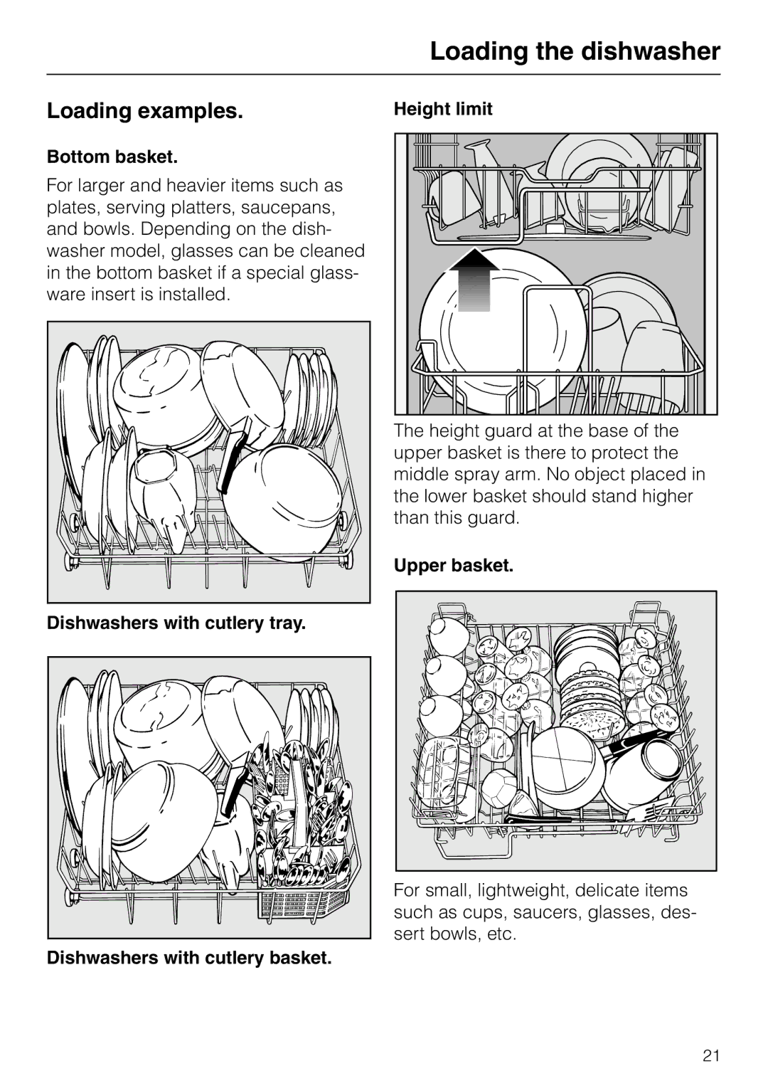 Miele G 865 operating instructions Loading examples, Bottom basket, Upper basket 