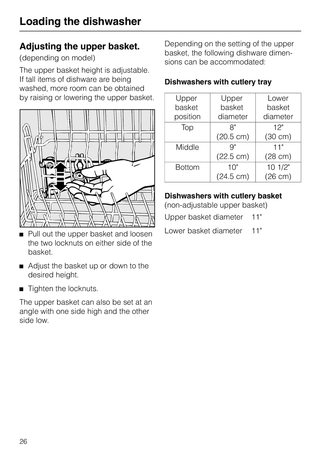 Miele G 865 operating instructions Adjusting the upper basket, Dishwashers with cutlery tray 