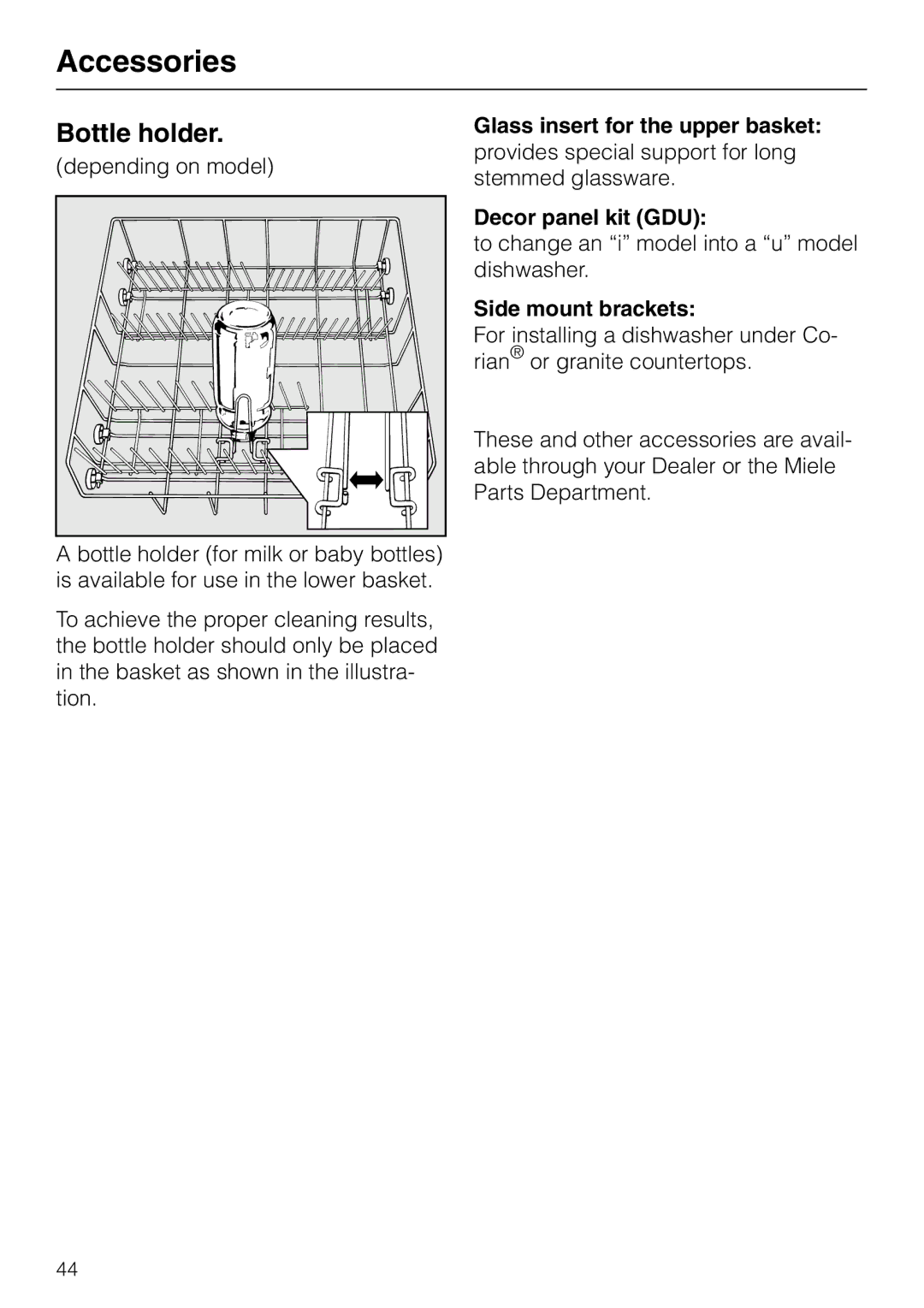 Miele G 865 Accessories, Bottle holder, Glass insert for the upper basket, Decor panel kit GDU, Side mount brackets 