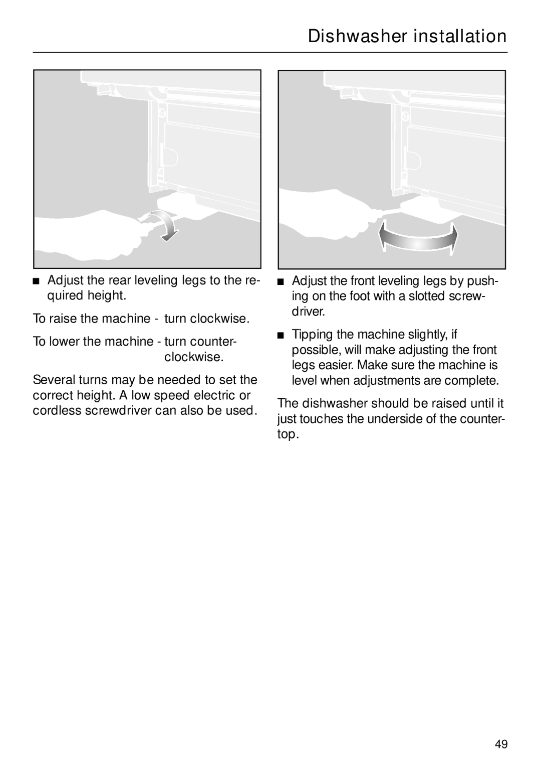 Miele G 865 operating instructions Dishwasher installation 