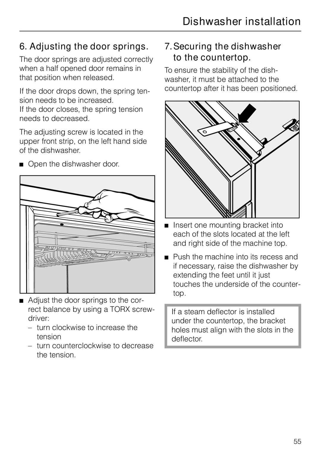 Miele G 865 operating instructions Adjusting the door springs, Securing the dishwasher to the countertop 