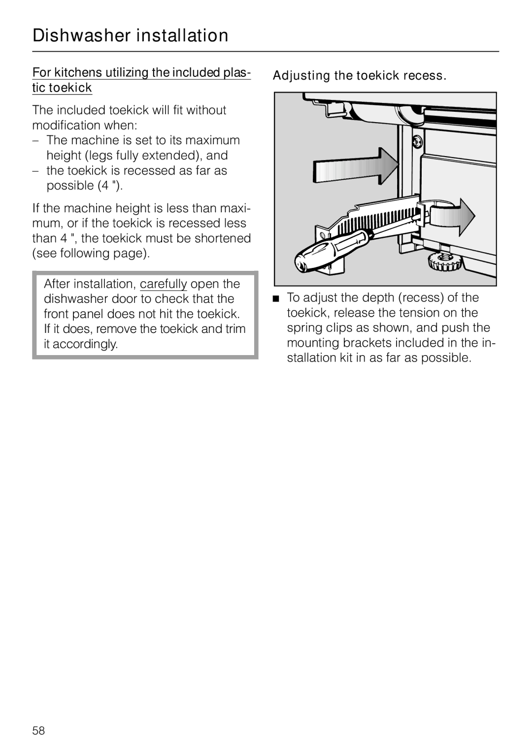 Miele G 865 operating instructions For kitchens utilizing the included plas- tic toekick, Adjusting the toekick recess 