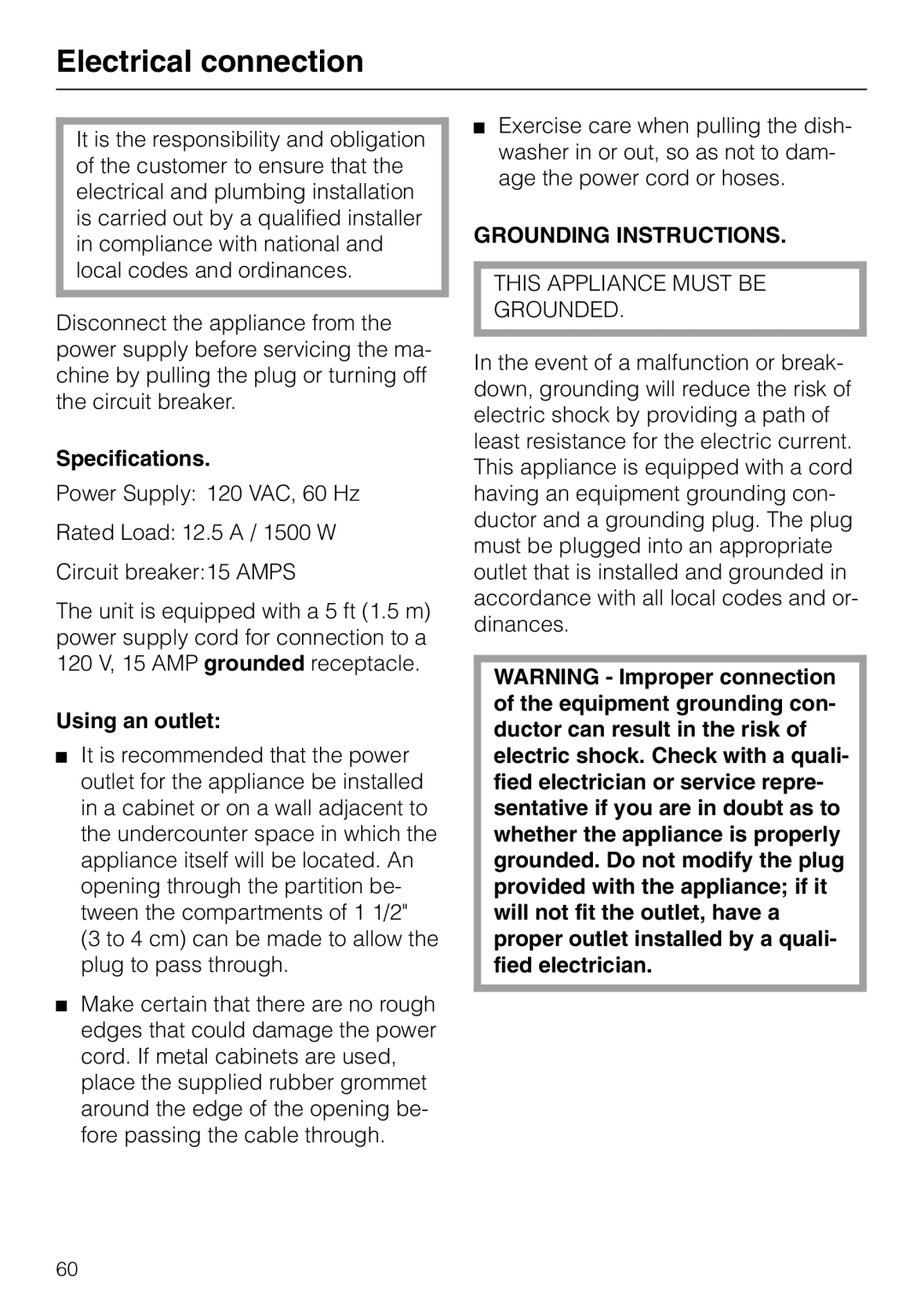 Miele G 865 operating instructions Electrical connection, Specifications, Using an outlet 