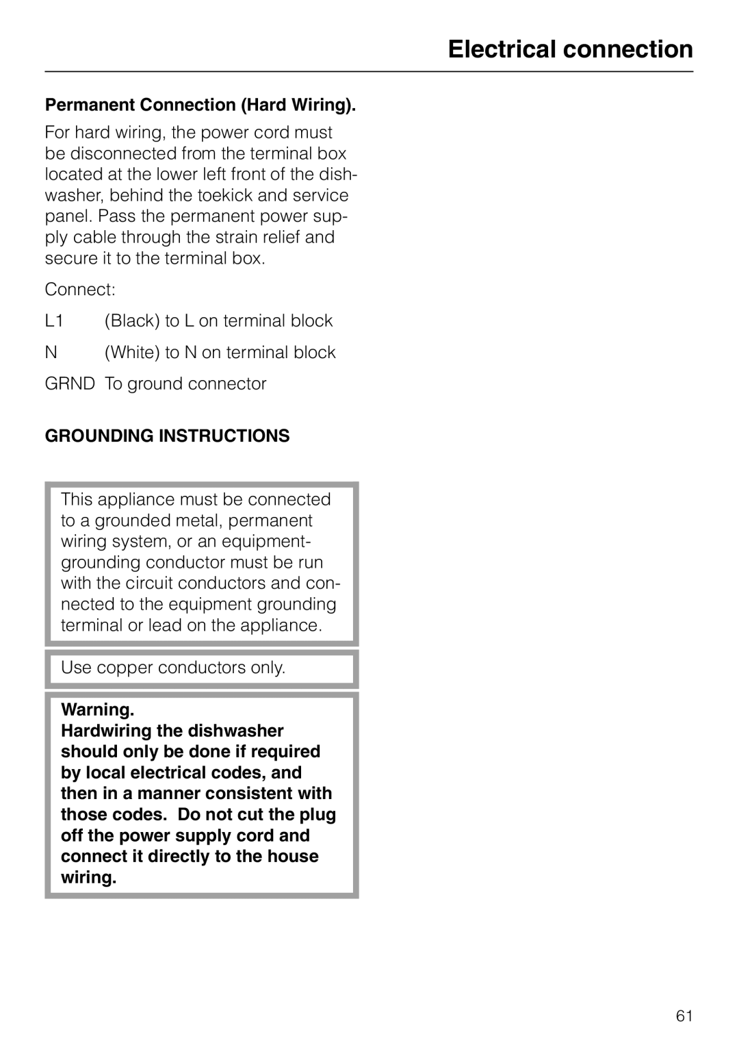 Miele G 865 operating instructions Permanent Connection Hard Wiring 