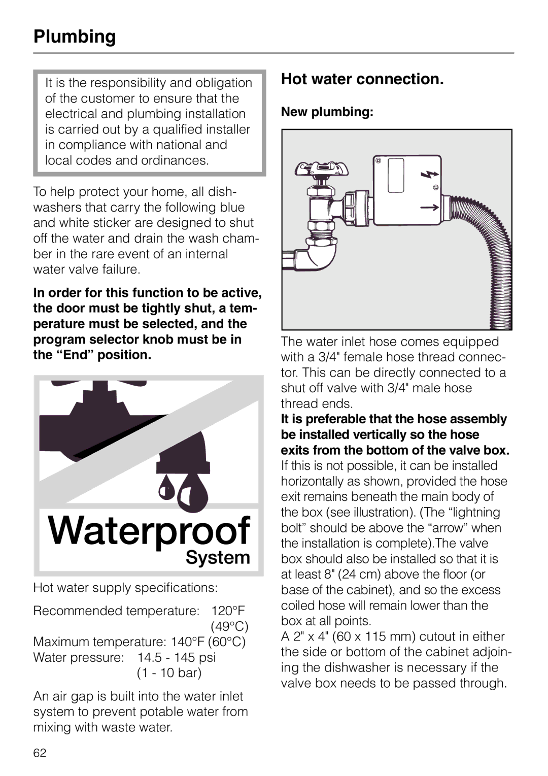 Miele G 865 operating instructions Plumbing, Hot water connection, New plumbing 