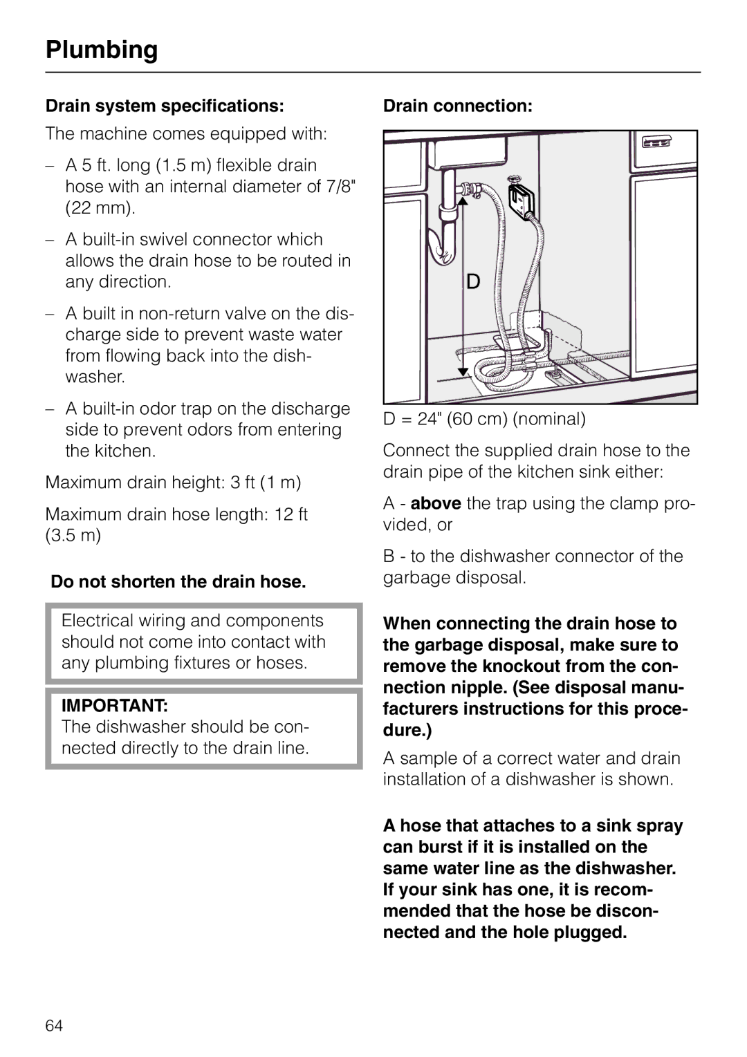 Miele G 865 operating instructions Drain system specifications, Do not shorten the drain hose, Drain connection 