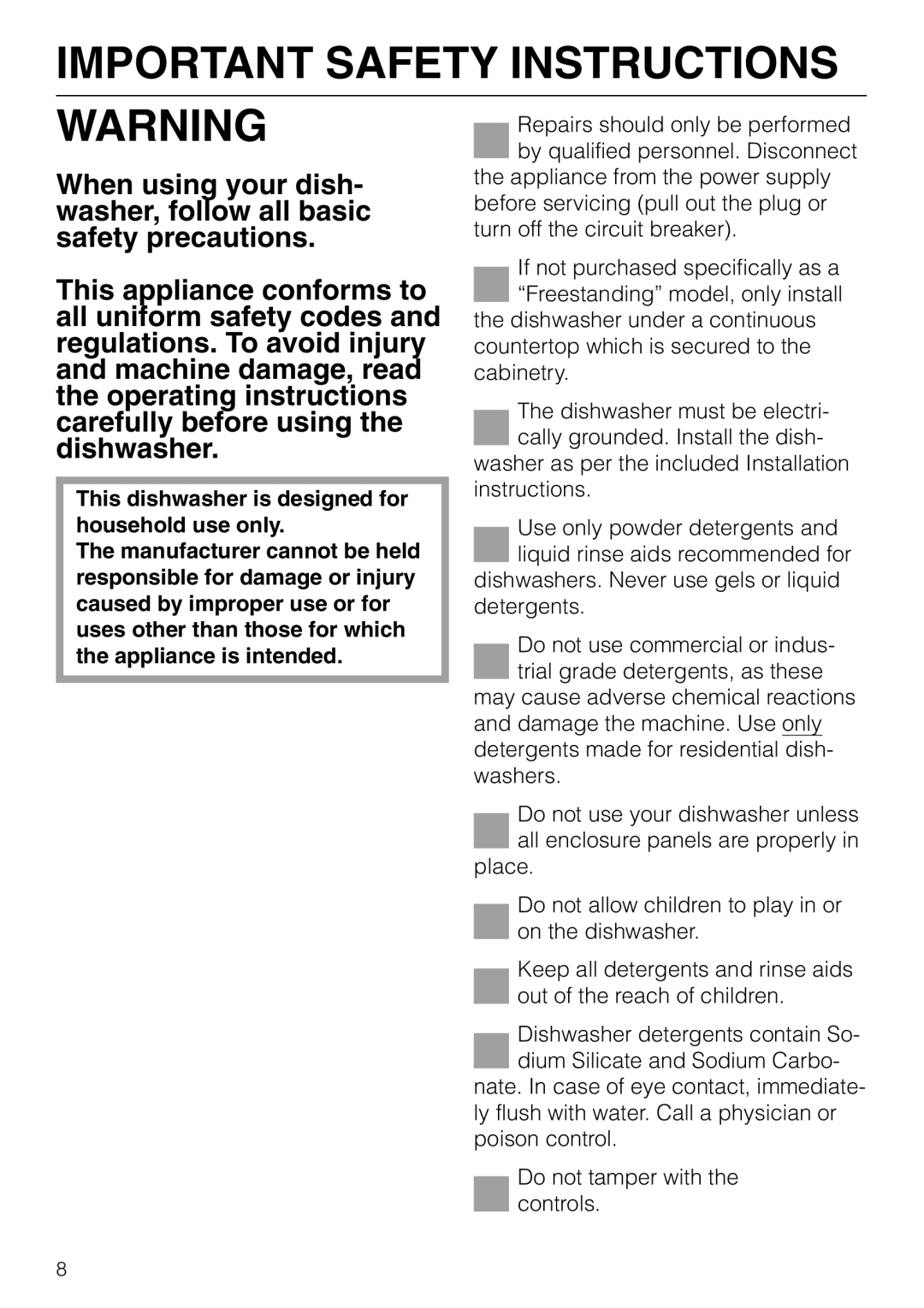 Miele G 865 operating instructions Important Safety Instructions 