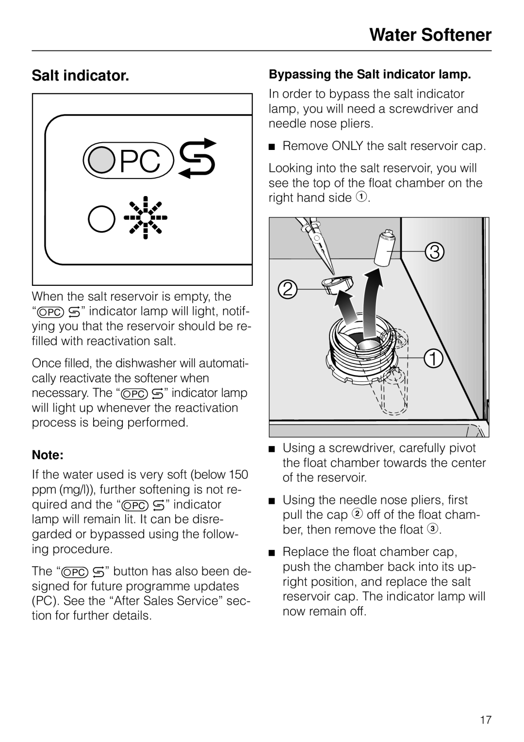 Miele G 879 SCVI installation instructions Bypassing the Salt indicator lamp 