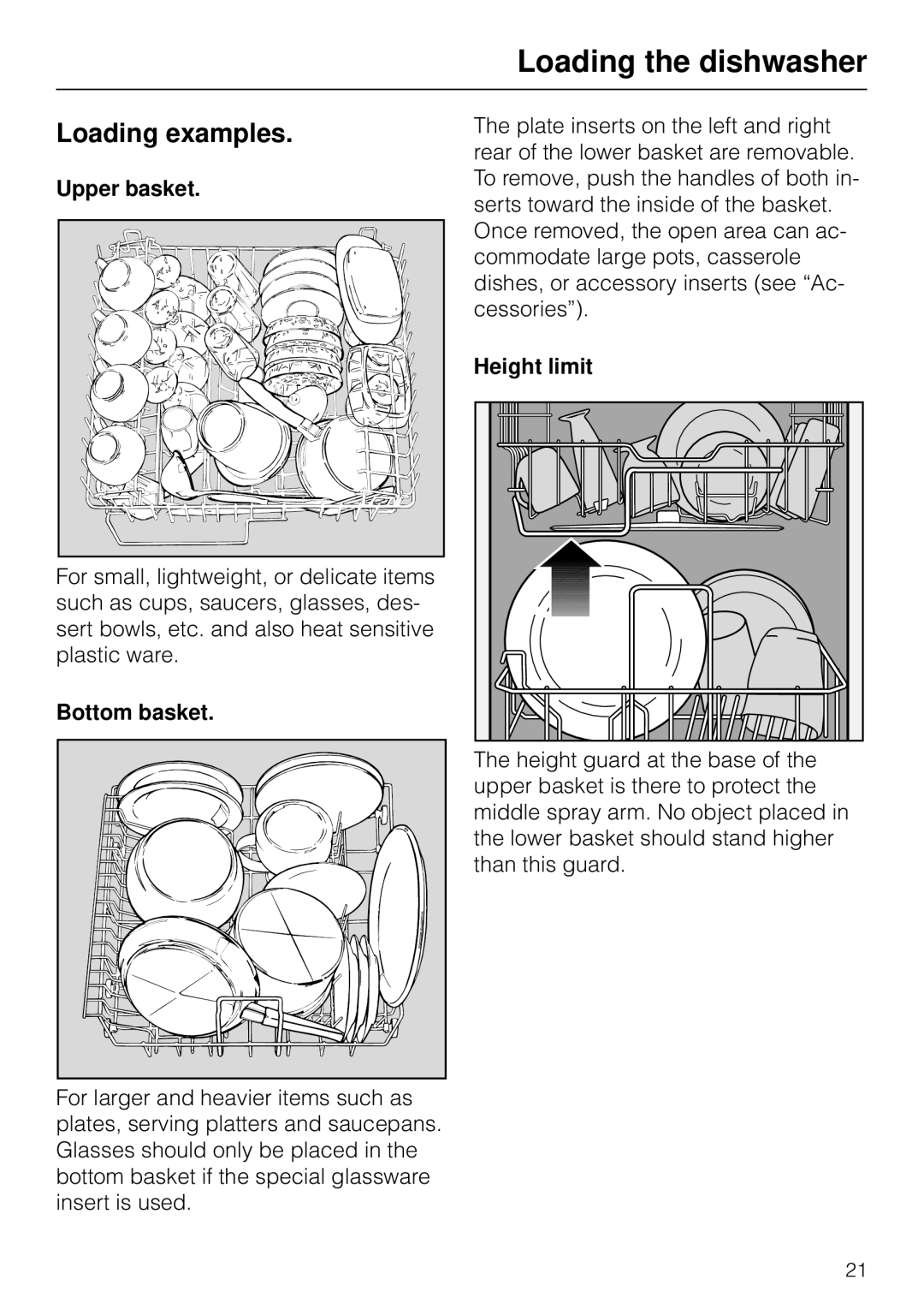 Miele G 879 SCVI installation instructions Loading examples, Upper basket, Bottom basket, Height limit 