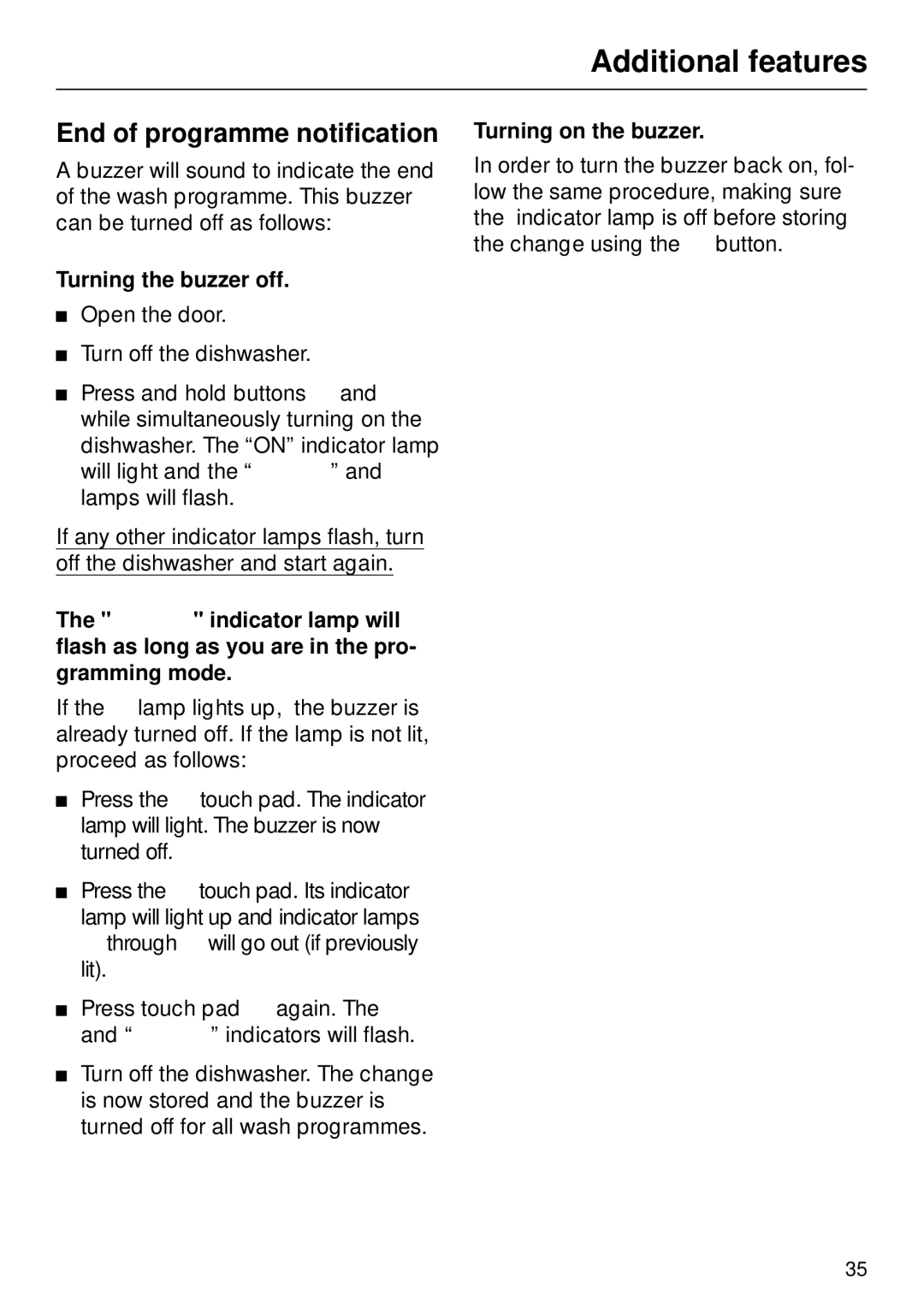 Miele G 879 SCVI installation instructions End of programme notification, Turning the buzzer off, Turning on the buzzer 