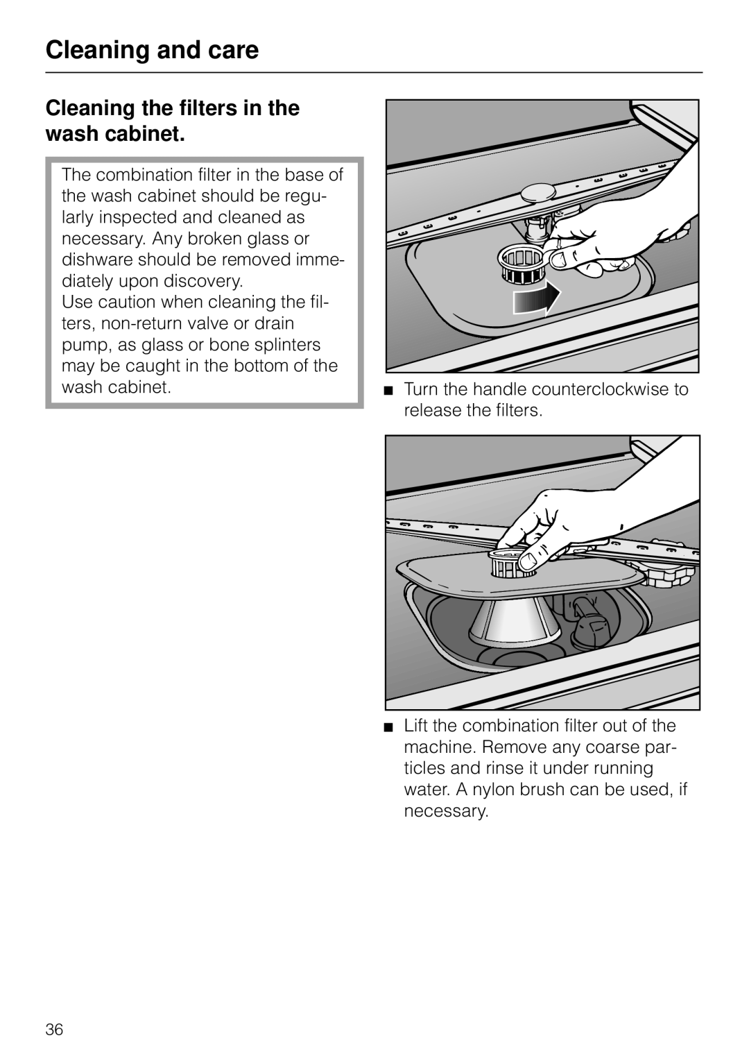 Miele G 879 SCVI installation instructions Cleaning and care, Cleaning the filters in the wash cabinet 