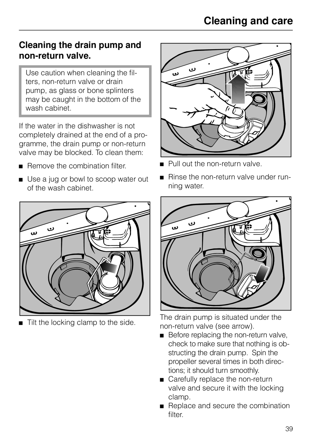 Miele G 879 SCVI installation instructions Cleaning the drain pump and non-return valve 