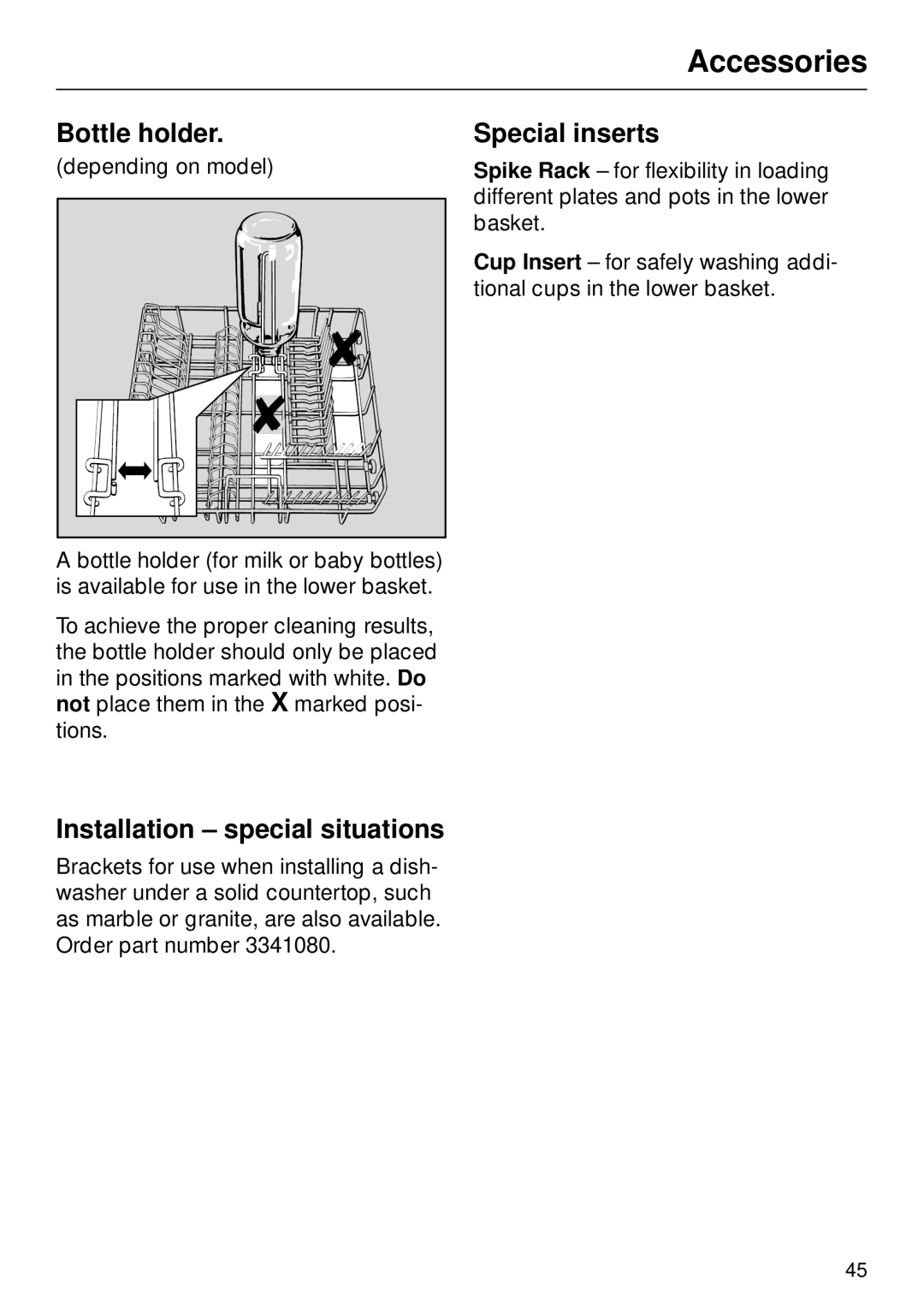 Miele G 879 SCVI installation instructions Accessories, Bottle holder, Special inserts, Installation special situations 